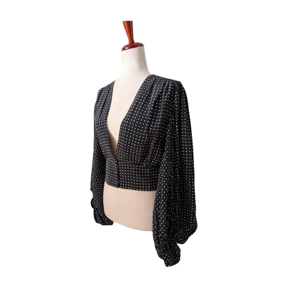 Equipment Femme Black White Polka Dot Silk Long Sleeve Plunging VNeck Crop Top M - Picture 5 of 10